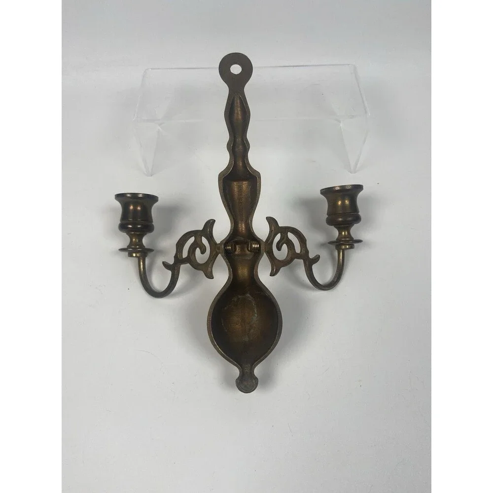 Double Candle Holders Brass 2 Arm Wall Sconce Made In England Vintage Old Brass